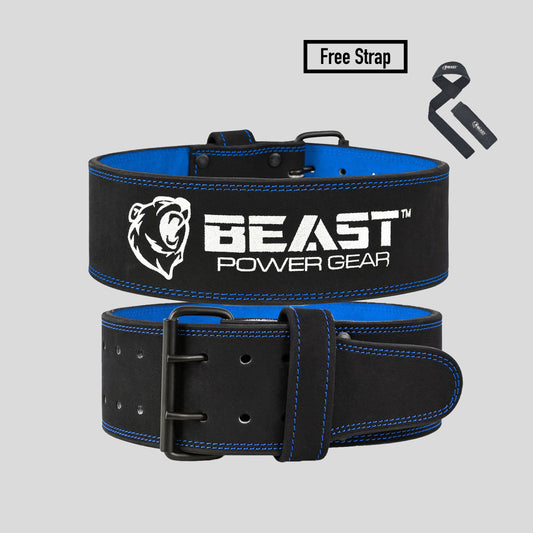 POWERLIFTING BELT 10MM BLACK/BLUE- FREE STRAP